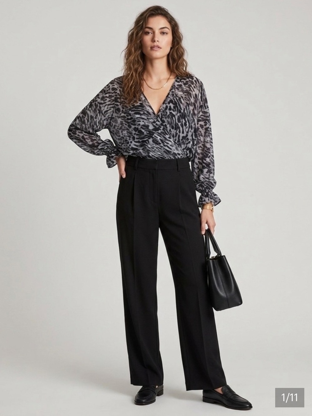 New All Saints Medium Black, Gray Animal Print Penny Ambient Top Blouse